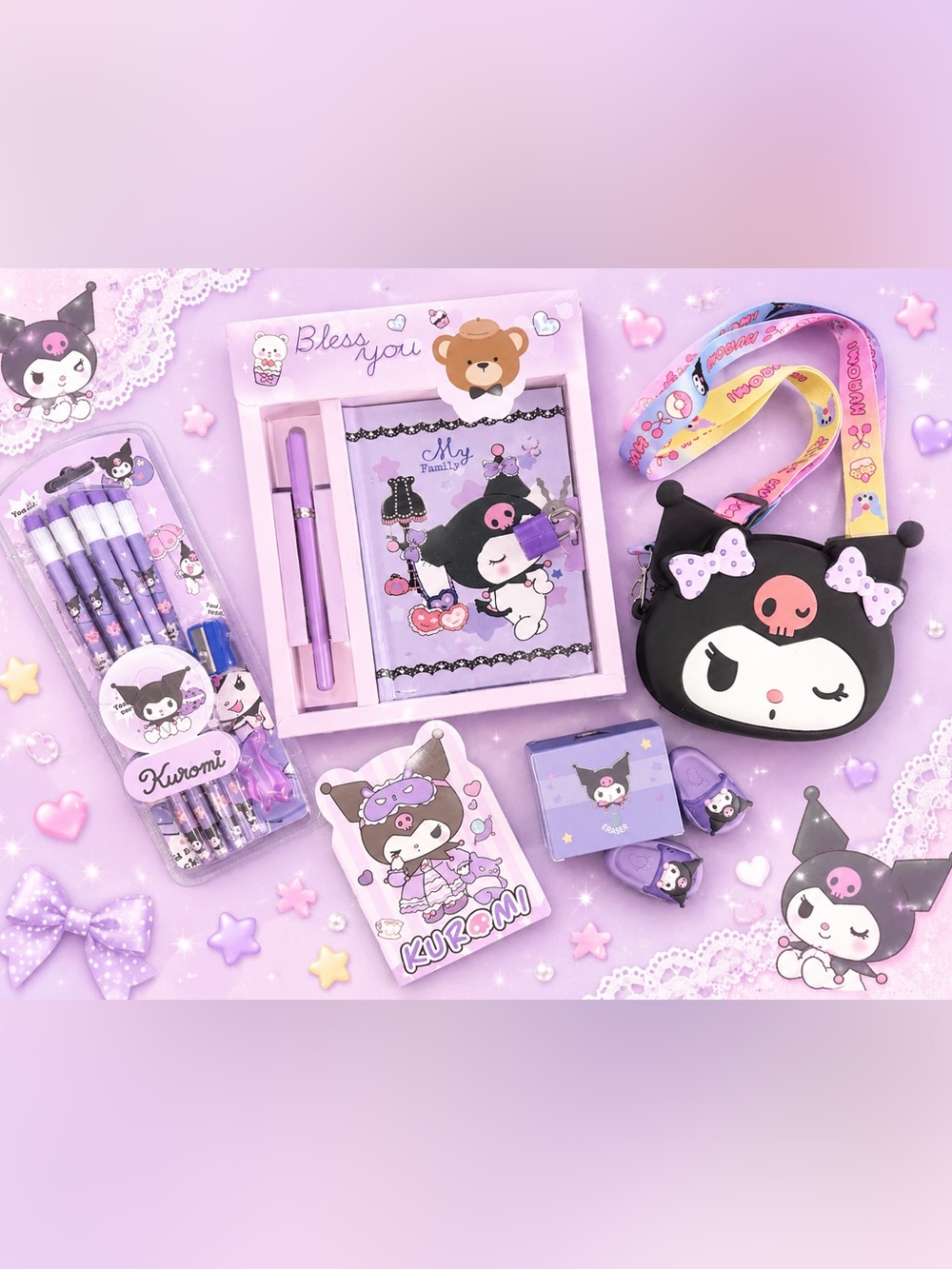 Sanrio Kuromi diary stationary set pencil kit mini purse crossbody bundle gift